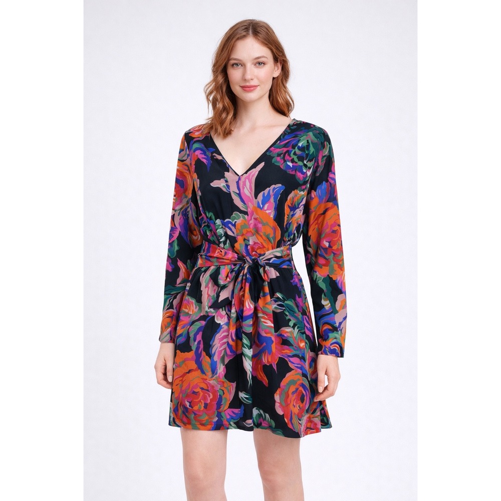 Zara Kaftan Style Mini Dress Medium Black Floral Tie‎ Waist Beach Resort Wear